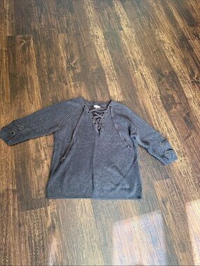 Miracle USA Women's V-Neck Lace-Up Sweater in Charcoal Gray
